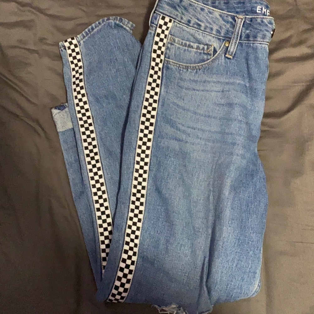 ☆Blue straight leg jeans, size 9, checkered side panels